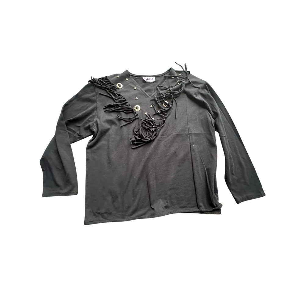 Sassa Ltd Vintage Black Fringe Concho Western Top Long Sleeve Made in USA M/L